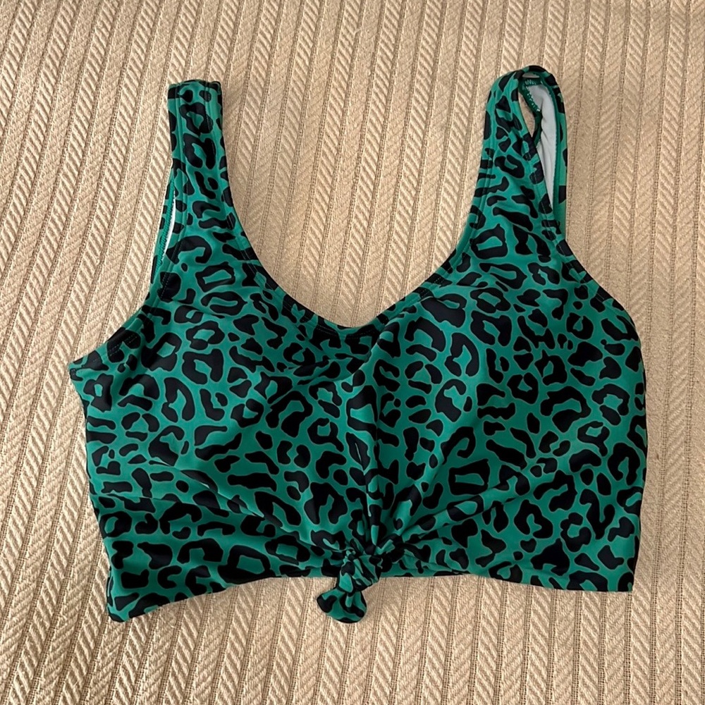 Coral reef swim green and black leopard print swim top with knot detail